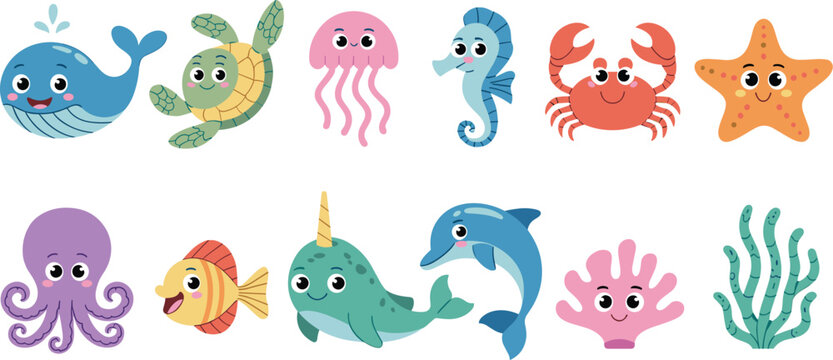A set of cute cartoon sea creatures representing marine life for World Ocean Day conservation awareness