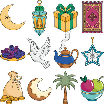 Set of colorful hand-drawn icons related to the Islamic celebration of Eid al-Adha including a crescent moon, lantern, prayer mat, dates, gift, and palm tree.