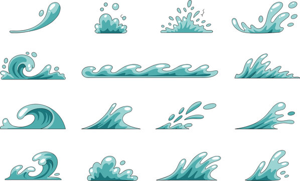 A collection of stylized blue water wave icons for World Ocean Day representing marine life and the beauty of the sea