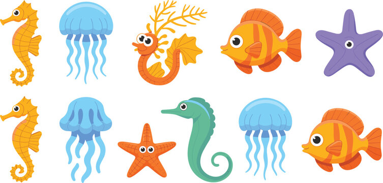 A cute collection of cartoon marine life and colorful sea creatures for World Ocean Day illustrations