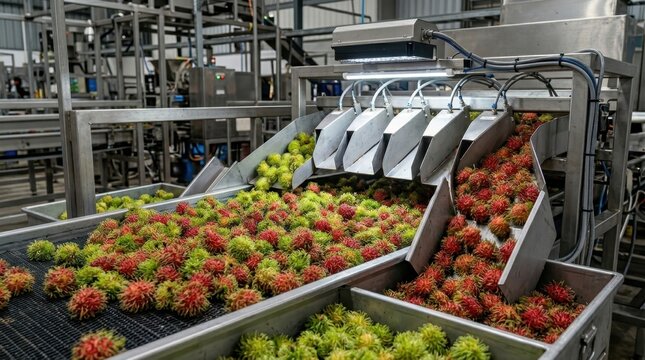 Rambutan fruits being sorted by an automated machine in a factory