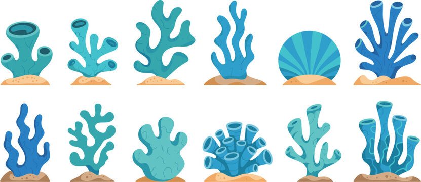 A set of colorful underwater coral reef elements and marine sea life icons for World Ocean Day conservation