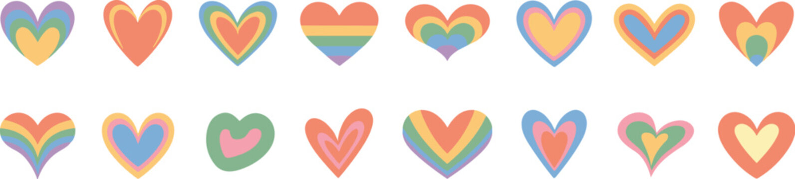 A horizontal collection of pastel-colored rainbow hearts on a soft yellow background to celebrate pride month and inclusion.