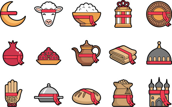 Set of flat icon illustrations for the Eid al-Adha celebration featuring symbols of Islamic generosity and community feasts.