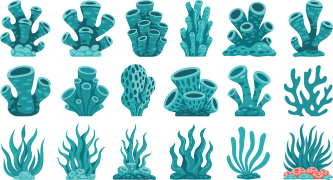 A set of various underwater coral reef elements and marine plants in a blue aquatic theme for World Ocean Day conservation