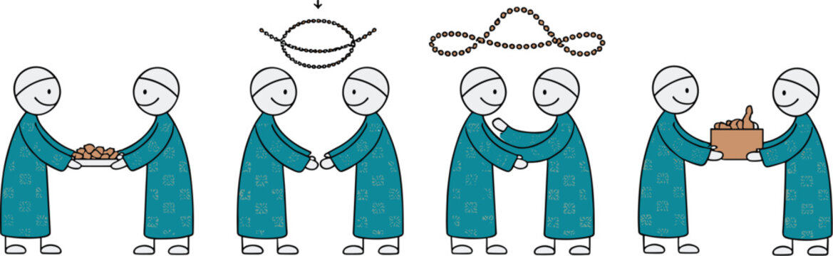 A vector illustration showing stick figures in traditional clothing participating in communal acts of kindness, generosity, and spiritual reflection for Eid al-Adha.