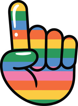 A colorful cartoon hand gesture pointing upward featuring vibrant rainbow stripes representing LGBTQ+ pride and equality