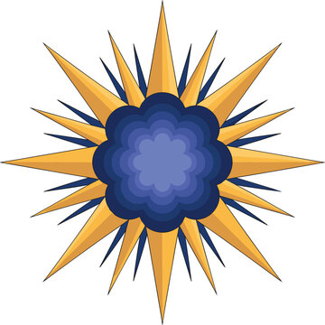 A stylistic radial star icon featuring a blooming blue floral center and golden triangular spikes on a white background