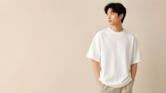 Young Asian Man Standing in Minimalist Studio Environment Mockup For Branding Presentation on Behance