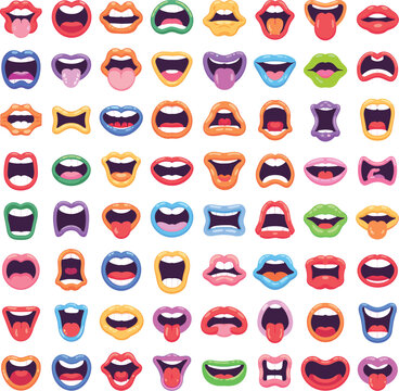 A colorful collection of diverse cartoon mouth expressions and silly facial gestures representing LGBTQ+ pride
