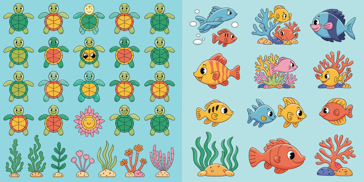 A colorful collection of cute cartoon sea creatures and coral reef elements for world ocean day celebration projects