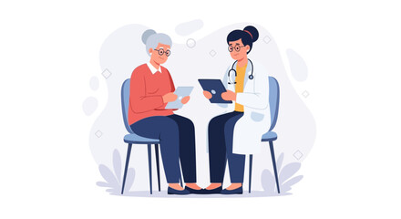 Fototapeta premium Elderly Patient Consultation with Doctor, Healthcare Discussion on Tablet