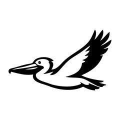 Logotipo con dibujo minimalista con líneas de un pelícano con las alas abiertas volando, visto de perfil © teracreonte