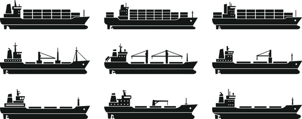 Cargo ship silhouettes with container vessel bulk carrier and tanker designs, decorative artwork vector illustration element for maritime, transport, and ocean design © MD AMINUR
