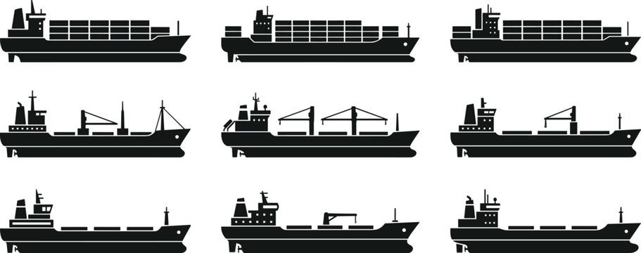 Cargo ship silhouettes with container vessel bulk carrier and tanker designs, decorative artwork vector illustration element for maritime, transport, and ocean design