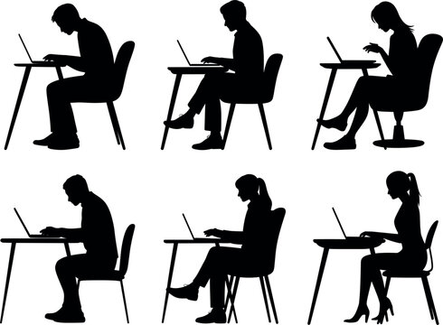 Collection of diverse individual silhouettes illustrating various postures of people engaged in laptop work, representing modern office ergonomics and dedicated professional activities