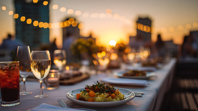 Traditional Belgian stoemp dish served at sunset rooftop dinner with wine glasses and elegant outdoor dining atmosphere