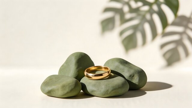 Gold ring on green stones with leaf shadow