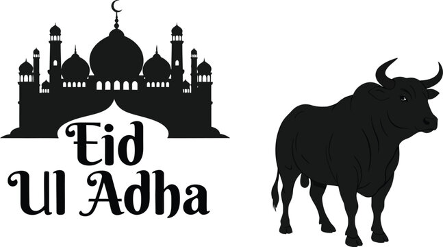 Eid ul adha typography with mosque and bull silhouettes for islamic religious festival greeting banner graphic design