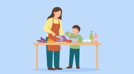 Fototapeta premium Family cooking healthy meal together, mom chopping vegetables, boy stirring