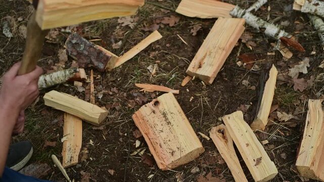 Close up of a man chopping firewood in the forest. Outdoor woodland scene showing physical work, strength and rural lifestyle in nature.