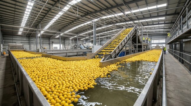 Industrial lemon processing facility with water flume and conveyor belt