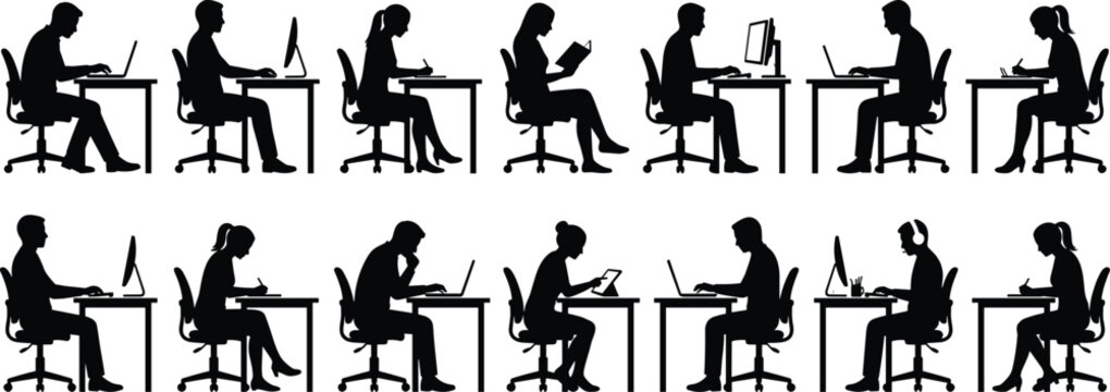 Desk worker silhouettes collection, office study poses, laptop, computer, tablet, reading, writing icons &ndash; flat vector illustration