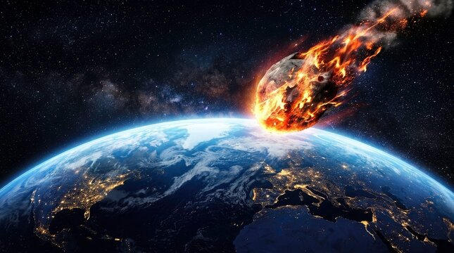 Meteorite impact on Earth, burning asteroid in space, cosmic disaster illustration