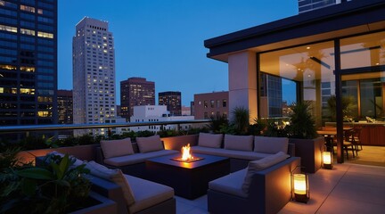 Obraz premium Rooftop lounge area with city view at dusk. Outdoor seating features fire pit and modern furniture. Tall buildings form urban skyline backdrop. Enjoy evening ambiance.