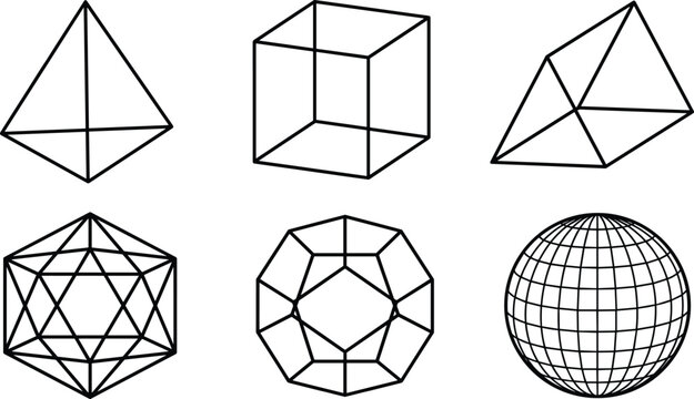 Geometric 3D shapes with tetrahedron cube prism icosahedron dodecahedron and sphere, decorative artwork vector illustration element for math, physics, and design