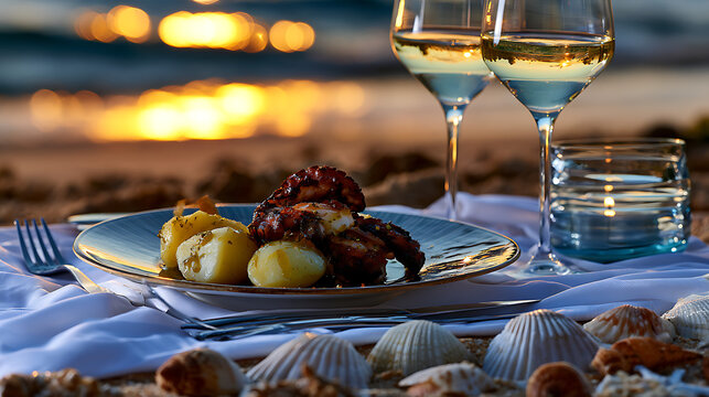 Traditional Polvo &agrave; Lagareiro Served at Sunset Beach Dinner with Wine and Mediterranean Ambiance