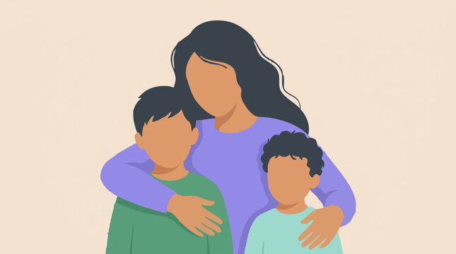 Flat design illustration of a mother hugging her two young sons