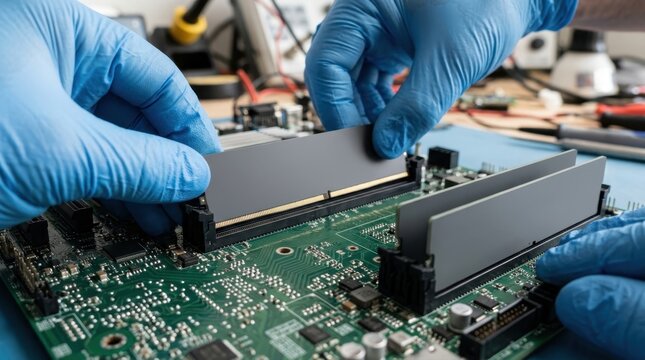 Technician installing ram memory module into computer motherboard