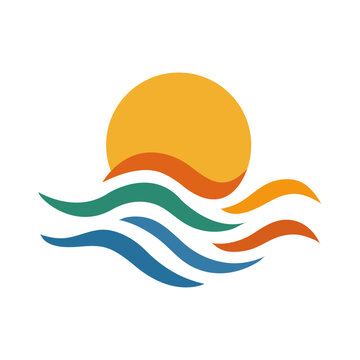 Logo agencia de viajes. Vacaciones de verano. Silueta de un sol redondo con ondas curvas de colores, evocando un amanecer o atardecer sobre el mar