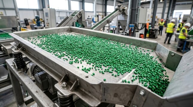 Industrial plastic recycling plant with green pellets on a vibrating screen