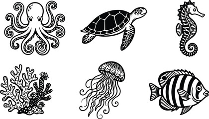 Marine life icons with octopus turtle seahorse coral jellyfish and fish, decorative artwork vector illustration element for ocean, aquatic, and nature design © MD AMINUR