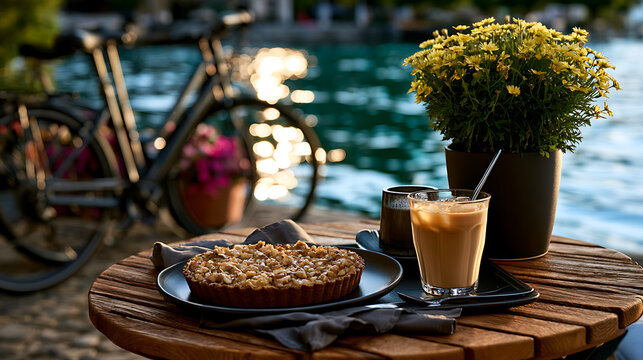 Traditional Swiss Nusstorte Walnut Tart Served at Cozy Outdoor Caf&eacute; Table with Coffee and Bicycle Background