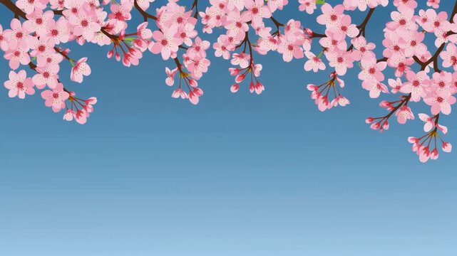 Delicate pink cherry blossoms creating a beautiful floral border against a bright blue sky, perfect for spring backgrounds and natural themes