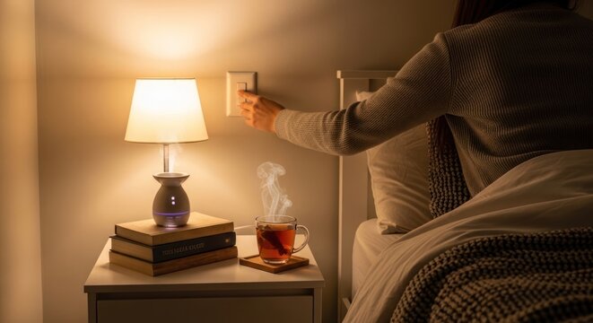 Person turning off bedside lamp in a cozy bedroom with a cup of tea.
