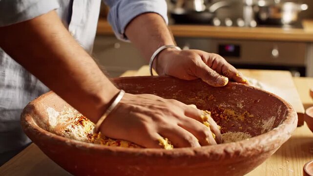 Close up of hands kneading spiced dough in rustic wooden bowl inside cozy kitchen with warm sunlight and flour texture. Concept of traditional homemade cooking