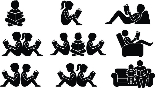 Reading people silhouettes collection, adults and children with books, sitting and reclining poses, learning icons &ndash; flat vector illustration