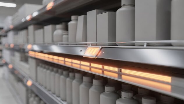 Medium shot featuring midlevel stocked smart shelves sensor lights glowing orange highlighting restocking needs with main shelf section in sharp detail and surroundings blurred.