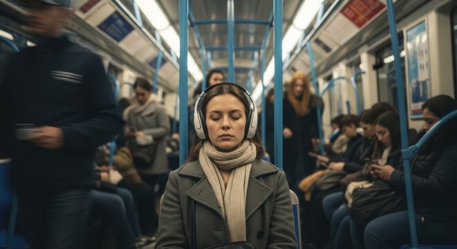 Young woman wearing headphones and eyes closed, finding peace and solitude on a crowded subway train.