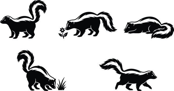 Skunk silhouettes icons with standing sniffing lying digging walking poses, animal artwork vector illustration element for wildlife, nature, and forest design
