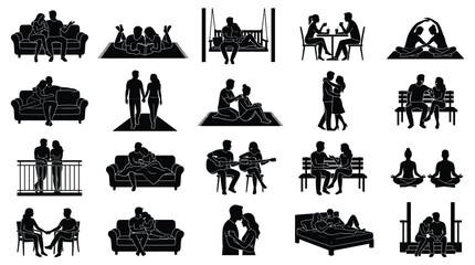 Obraz premium Set of black silhouettes showing romantic couples in various cozy situations at home and outdoors.