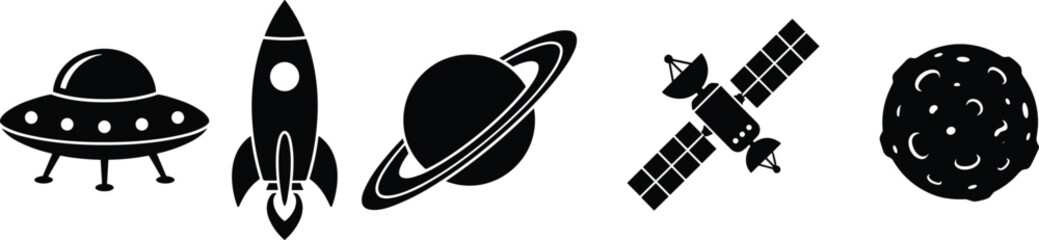 Space exploration icons collection, UFO, rocket, Saturn planet, satellite, asteroid, astronomy technology symbols – flat vector illustration © MD AMINUR