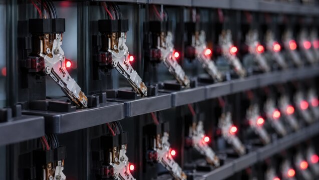 Medium shot capturing closeup of HDD heads arranged in racks during electric testing focusing on red failure lights signaling defects.