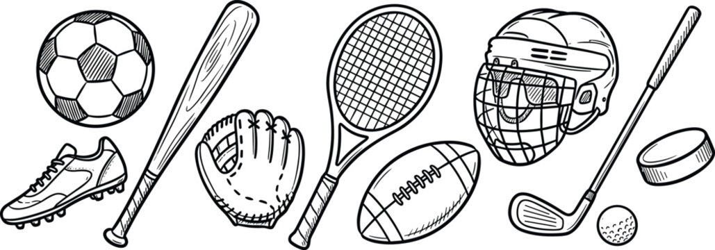 Sports equipment icons collection, soccer ball, baseball bat, tennis racket, football, hockey gear, golf ball &ndash; flat vector illustration