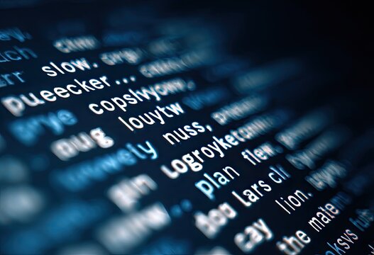 Abstract glowing blue digital code, lines of text on dark background