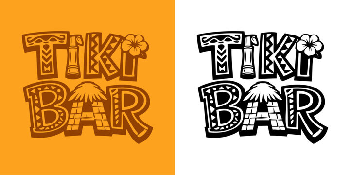Logo vacaciones en Haw&aacute;i. Letrero con texto tiki bar, con letras con tipograf&iacute;a tribal, decoradas con motivos polinesios, una flor y el tejado de una choza de paja, en versi&oacute;n coloreada y monocromo 